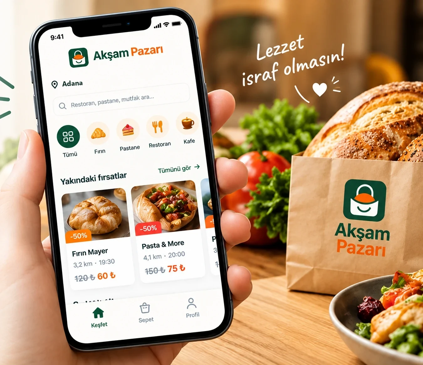 Elde Akşam Pazarı uygulaması; yanında taze ekmek, sebze ve kâğıt poşet