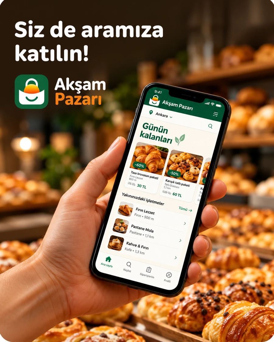 Siz de aramıza katılın! Elde Akşam Pazarı uygulaması; arkada raflarında ürünler duran bir fırın